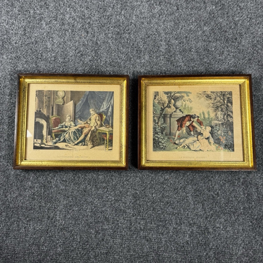 Pair Vintage French Engravings Framed La Courtisane Amoureuse Servante Justifiee